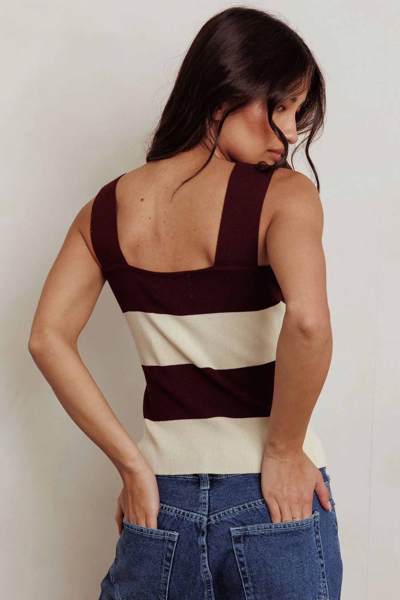 Lisa Striped Knit Tank Top Red Bean - Ruaus