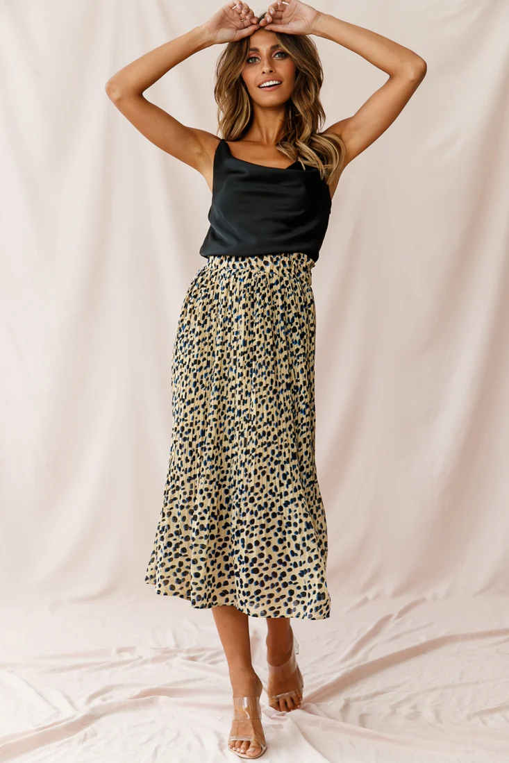 Caroline Accordion Pleat Midi Skirt Animal Print Beige - Ruaus