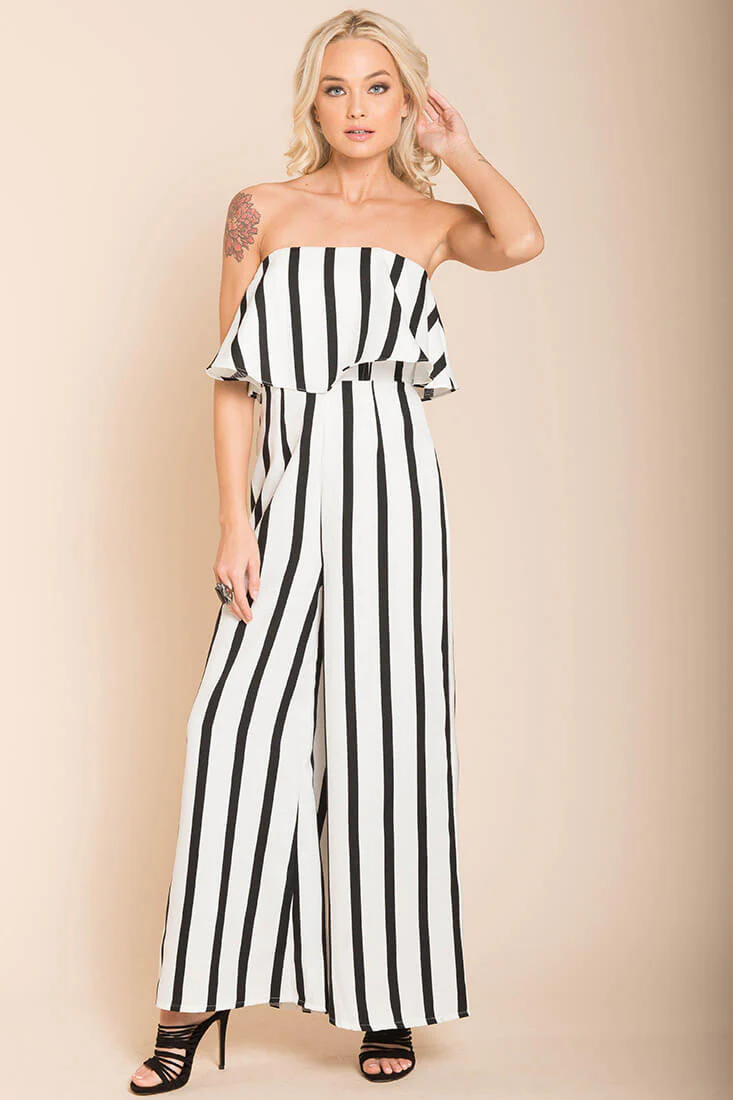 Posh Pin Stripe Ruffle Jumpsuit White - Ruaus