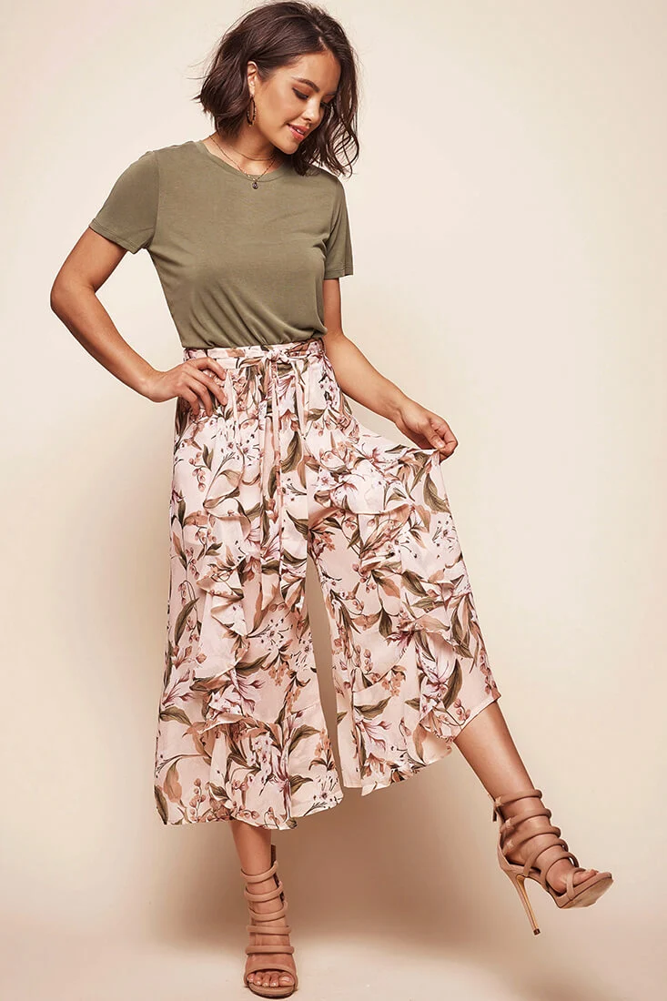 Constance Wide Leg Ruffle Pants Nude Print - Ruaus