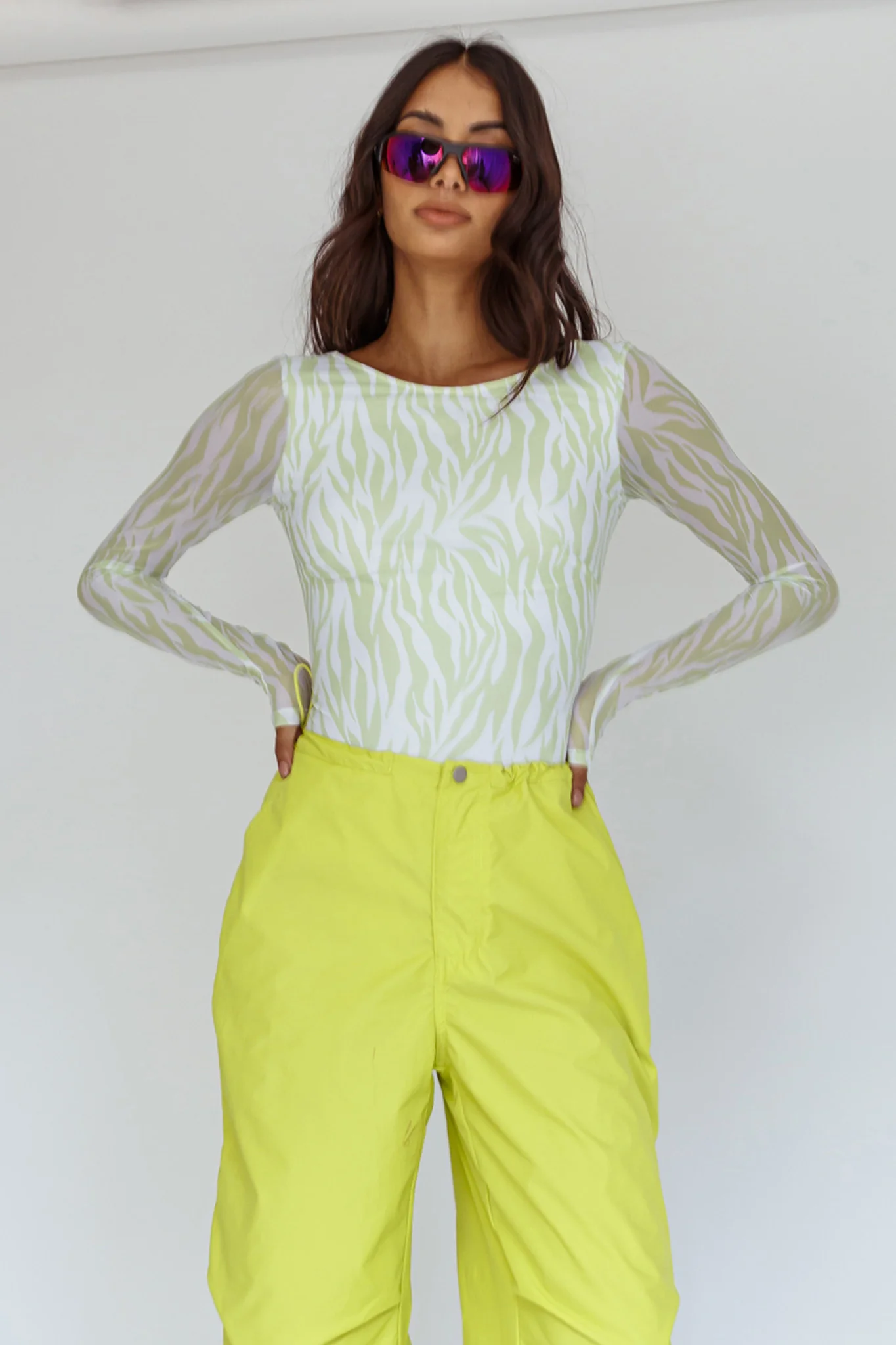 Juni Long Sleeve Low Back Mesh Bodysuit Tiger Lime - Ruaus