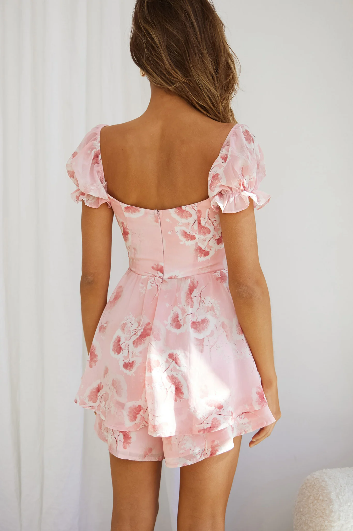 Sweet Romance Puff Sleeve Romper Watercolor Print Pink - Ruaus