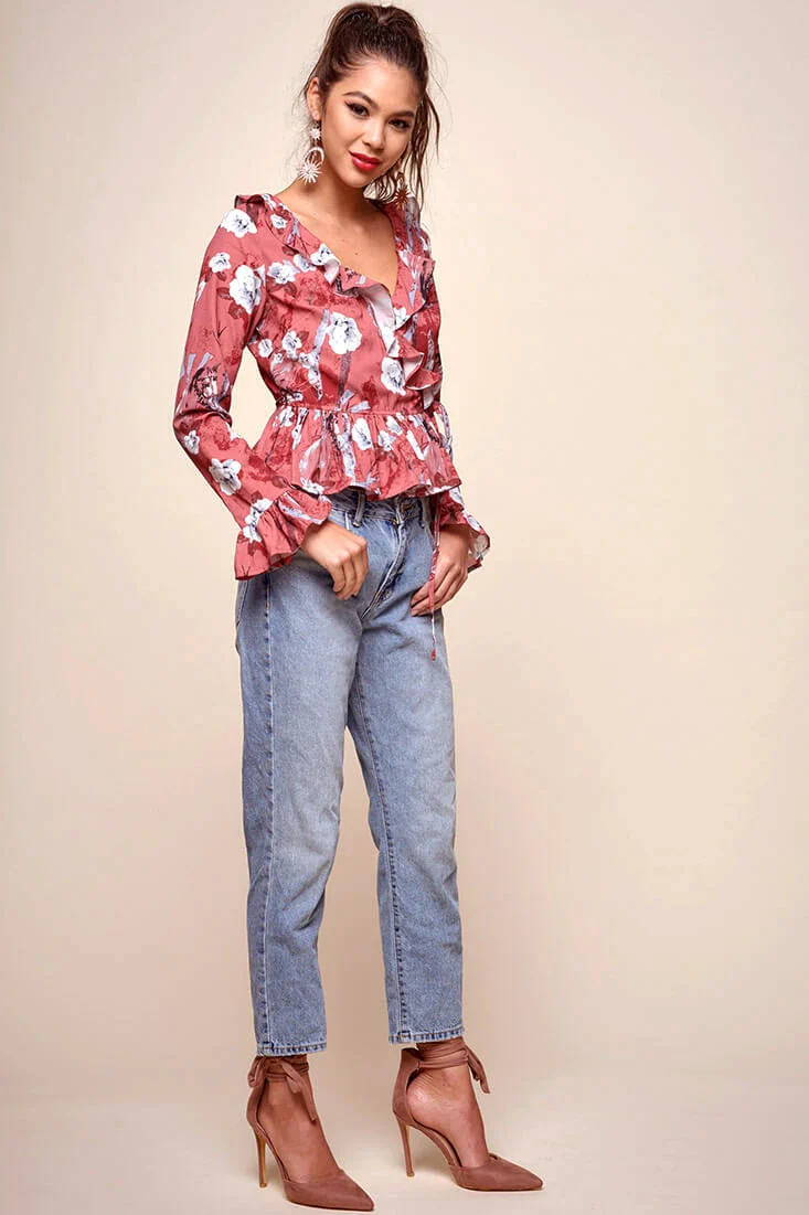 Bellamy Ruffled Bell Sleeve Floral Top Red - Ruaus