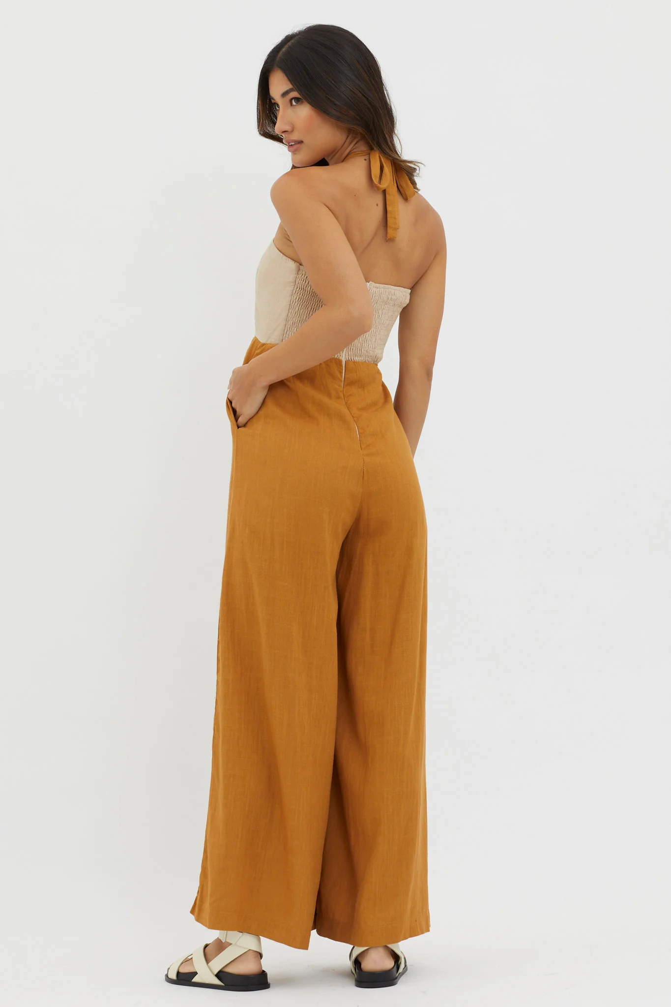 Maryn Wide Leg Halterneck Jumpsuit Mocha - Ruaus