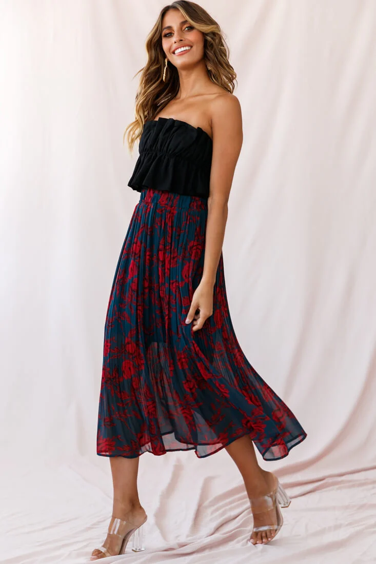 Caroline Accordion Pleat Midi Skirt Forest Green/Red - Ruaus