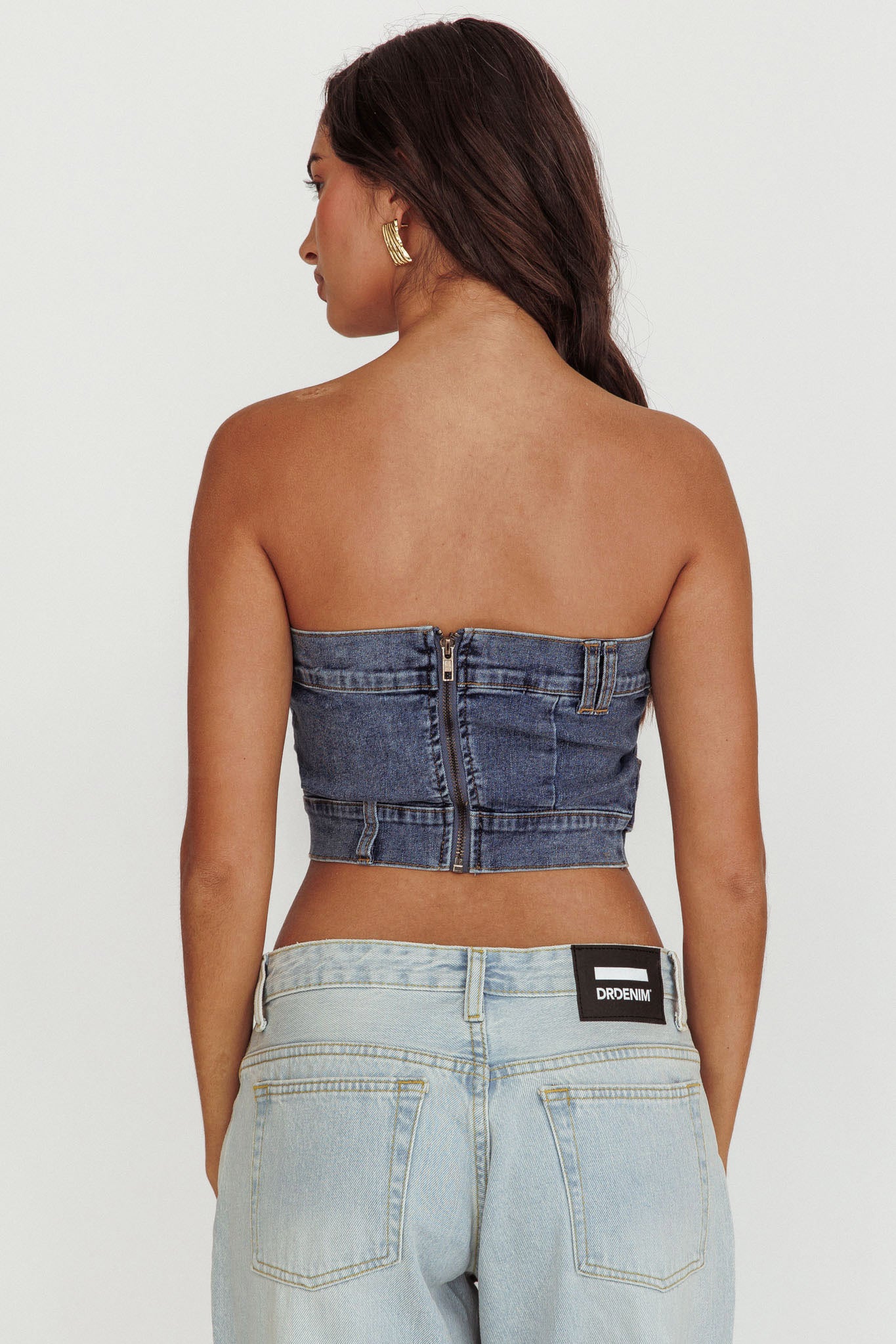 Pop Fizz Strapless Denim Cropped Top Medium Blue - Ruaus