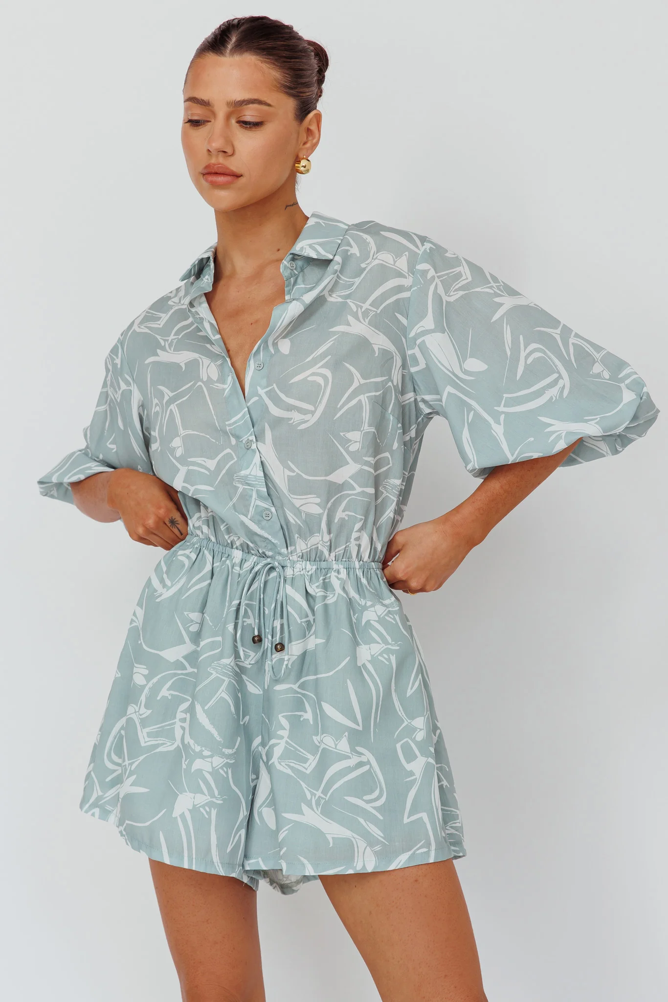 Tiki Puff Sleeve Drawstring Romper Print Sage - Ruaus