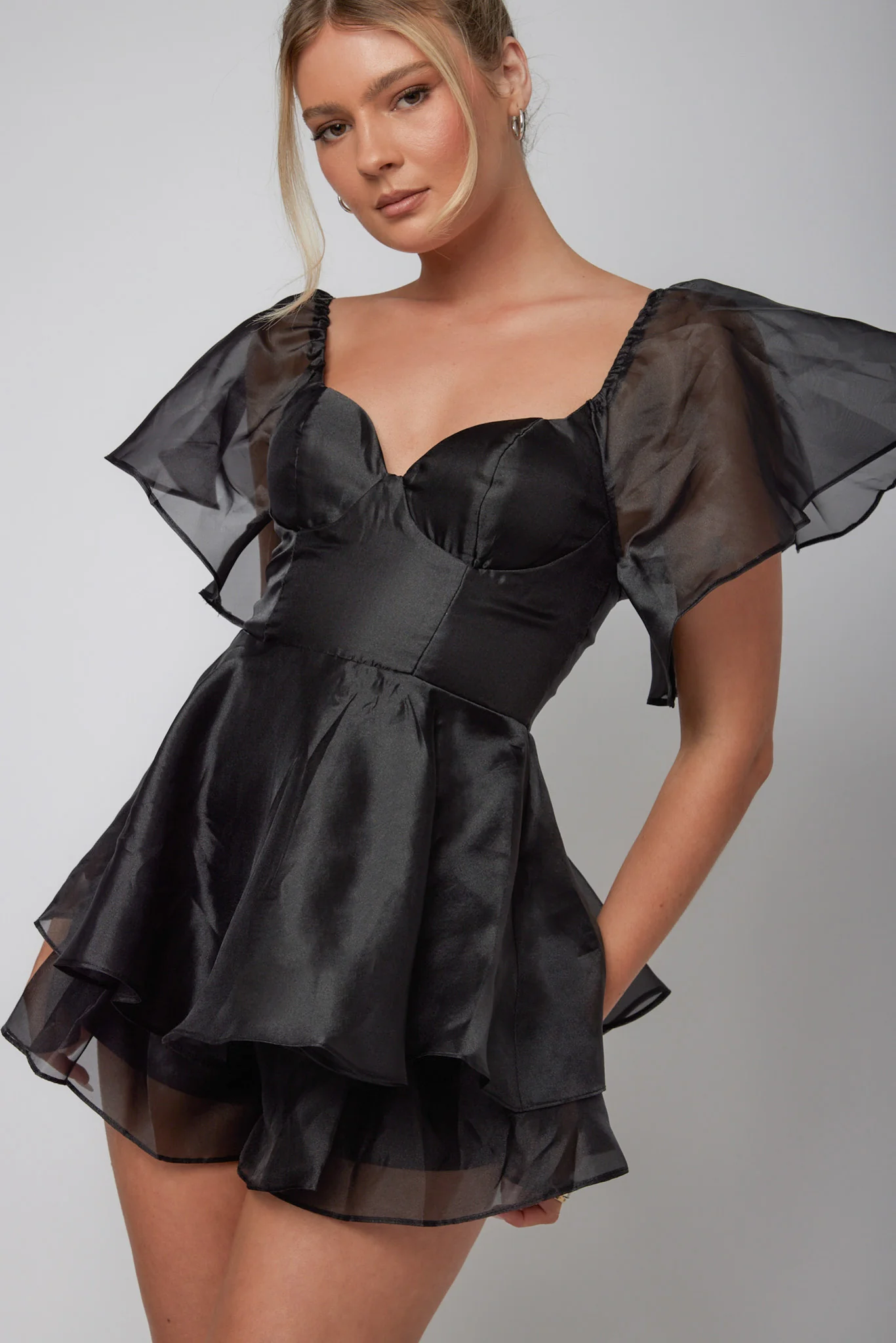 Aphrodite Angel Sleeve Layered Romper Black - Ruaus