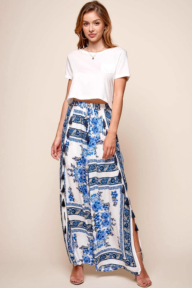 Monaco Wide Leg Tassel Pants White - Ruaus