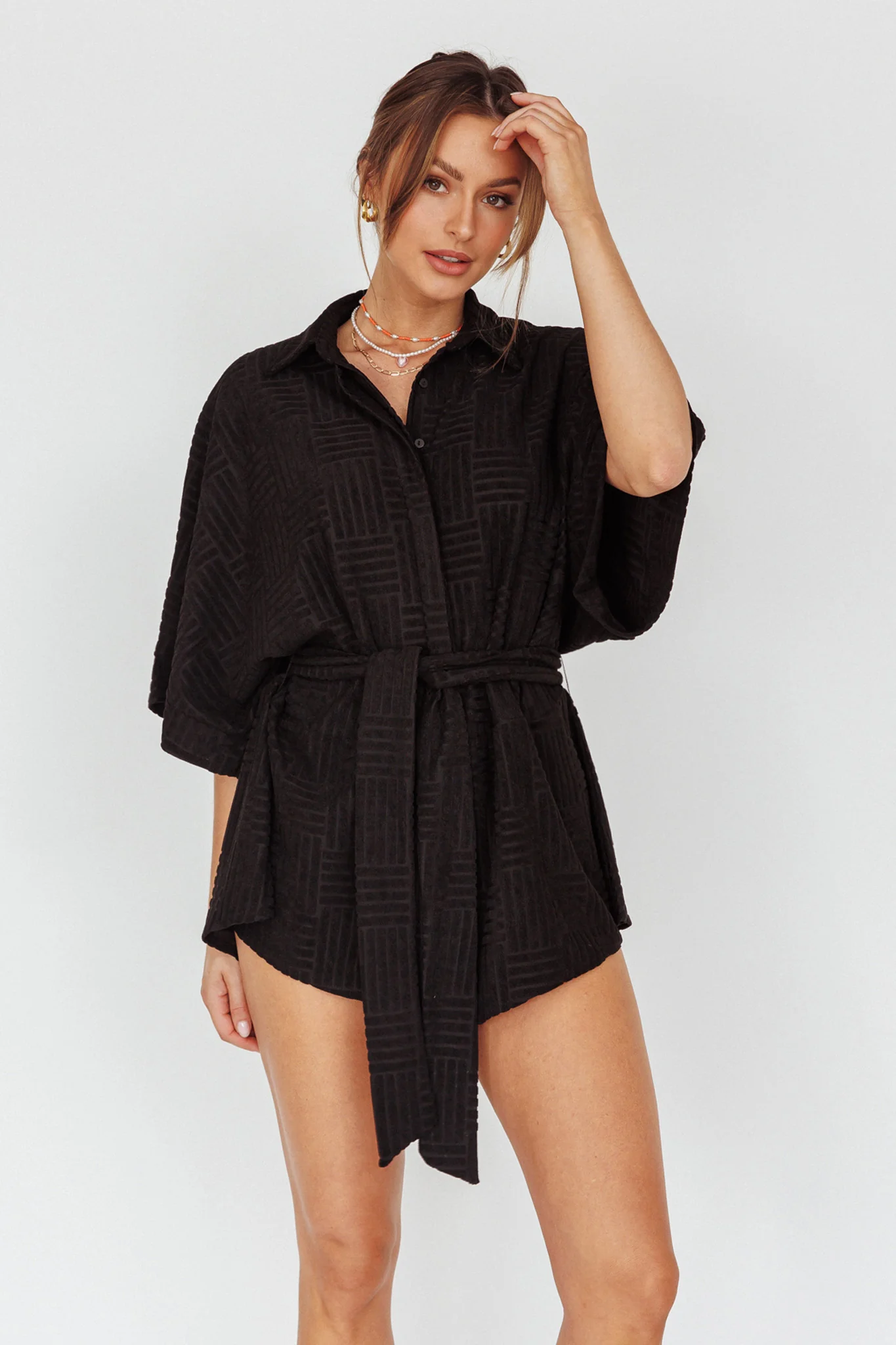 Daytona Beach Button-Up Romper Textured Black - Ruaus