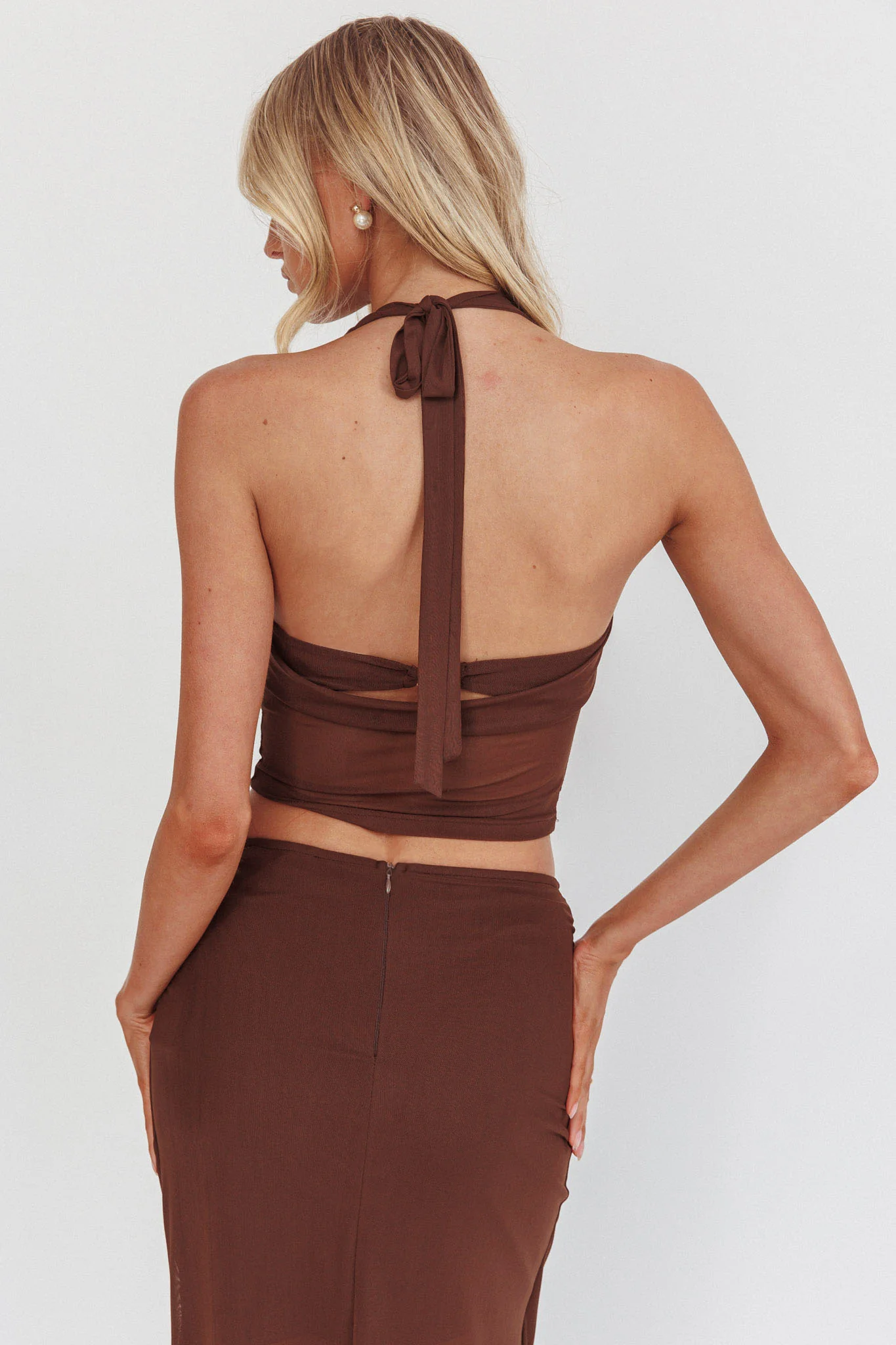 Paullina Cowl Halterneck Crop Top Brown - Ruaus
