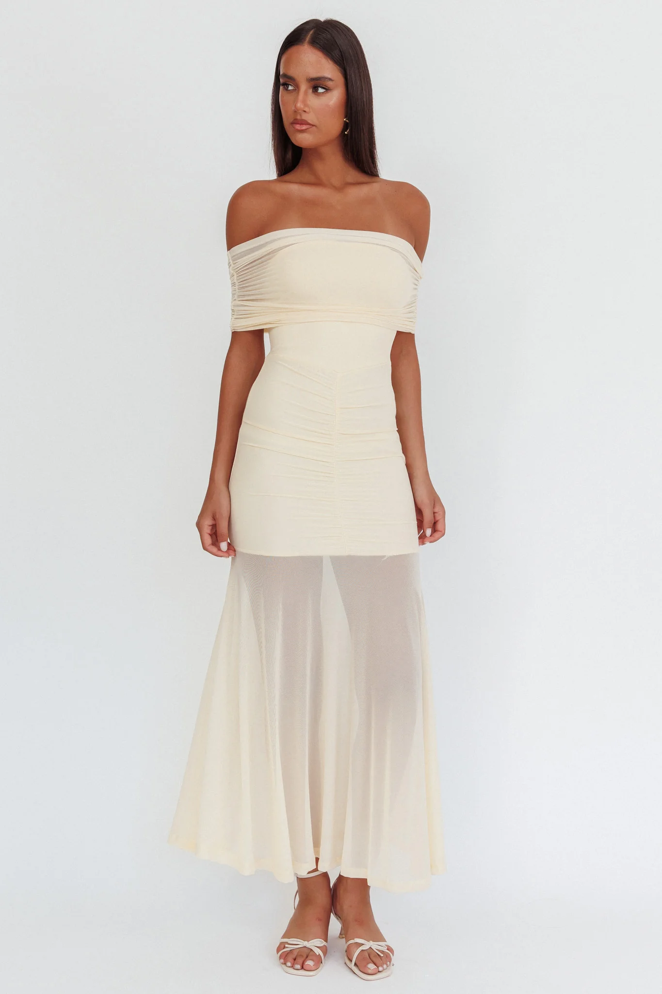 Clarita Sheer Ruched Maxi Dress Cream - Ruaus