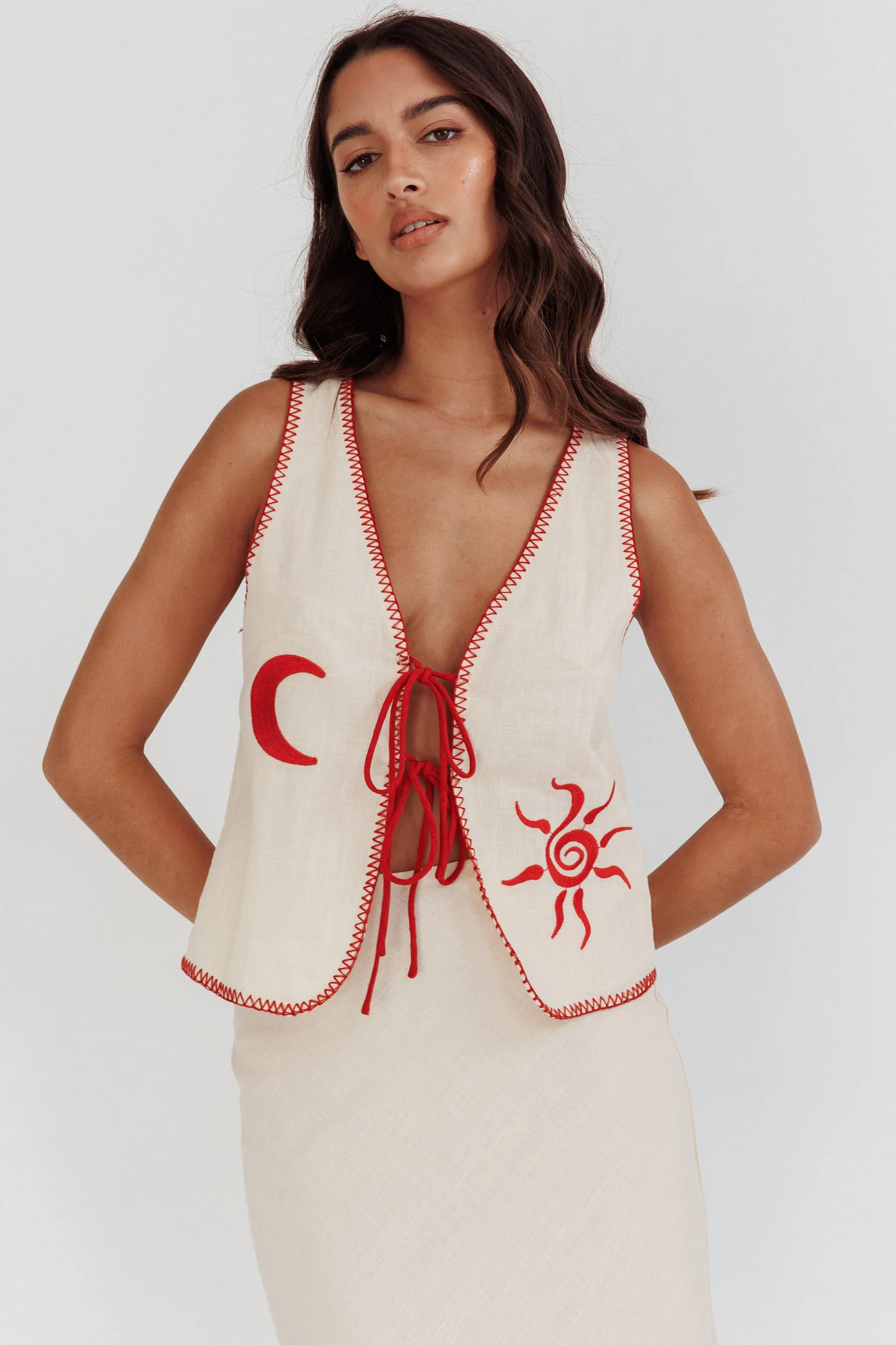 Dose Of Sunshine Blanket Stitch Vest Top Beige - Ruaus