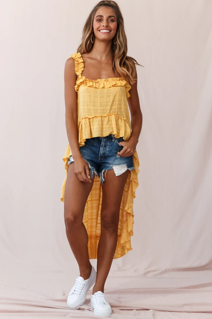 Jacinta High-Low Ruffle Strap Top Mustard - Ruaus