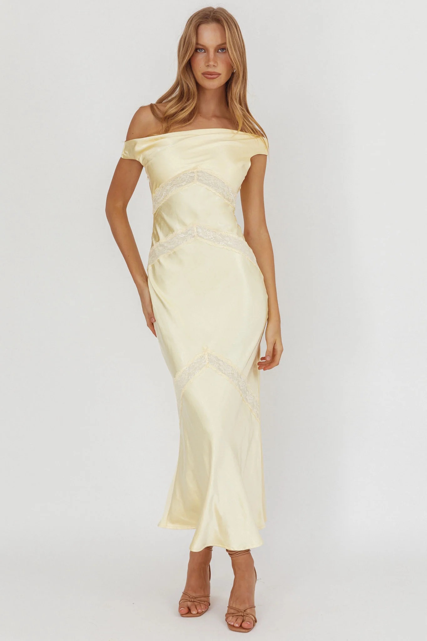 Revelation Off-Shoulder Lace Trim Maxi Dress Butter - Ruaus