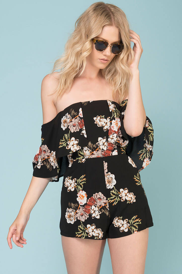 Dixie Floral Print Romper Black - Ruaus