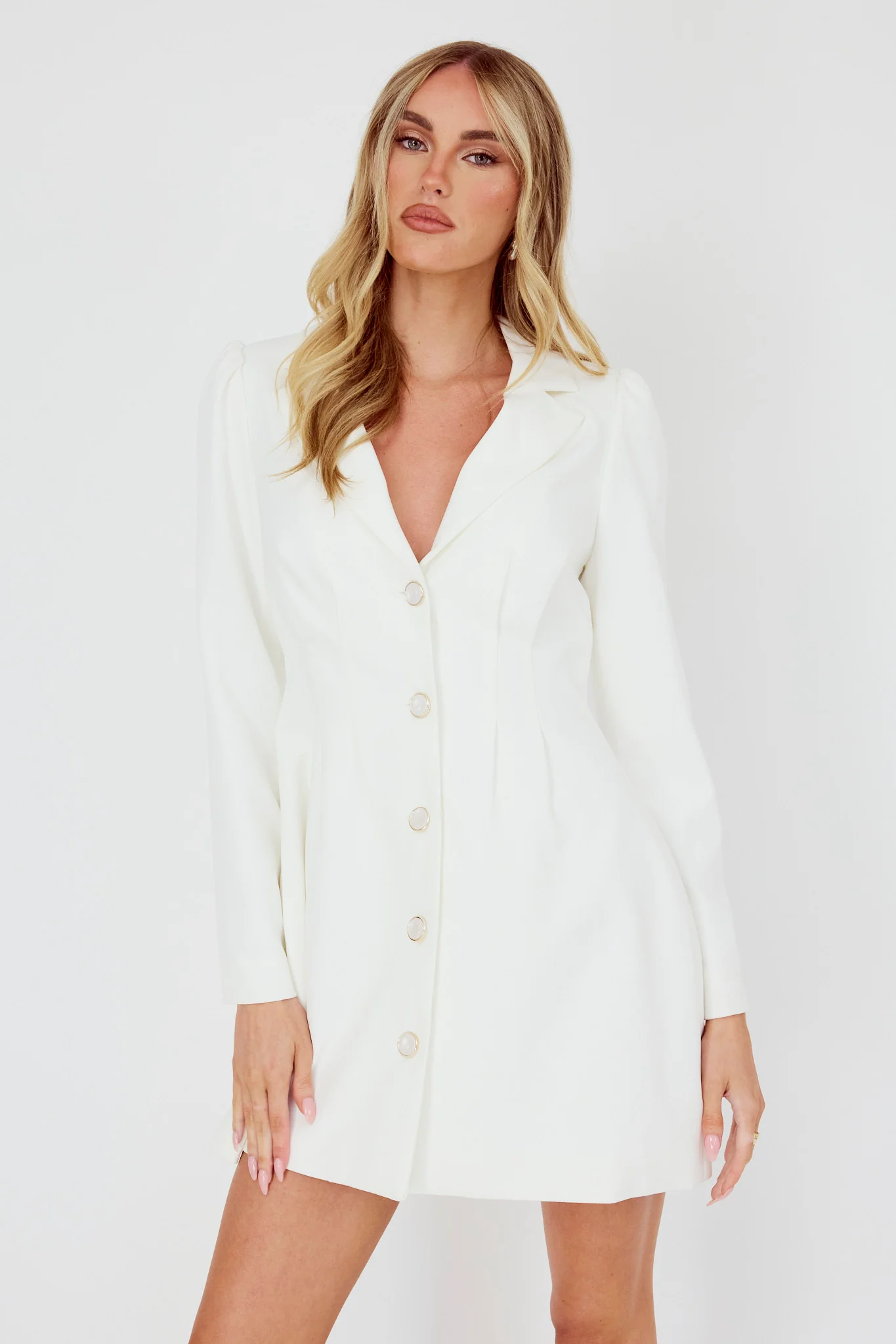 Miracle Button Front Pintuck Mini Dress White - Ruaus