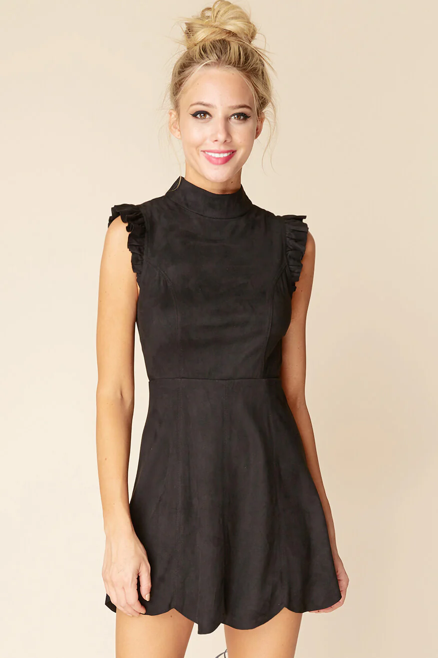 Kylie Ruffled Sleeve Suede Dress Black - Ruaus