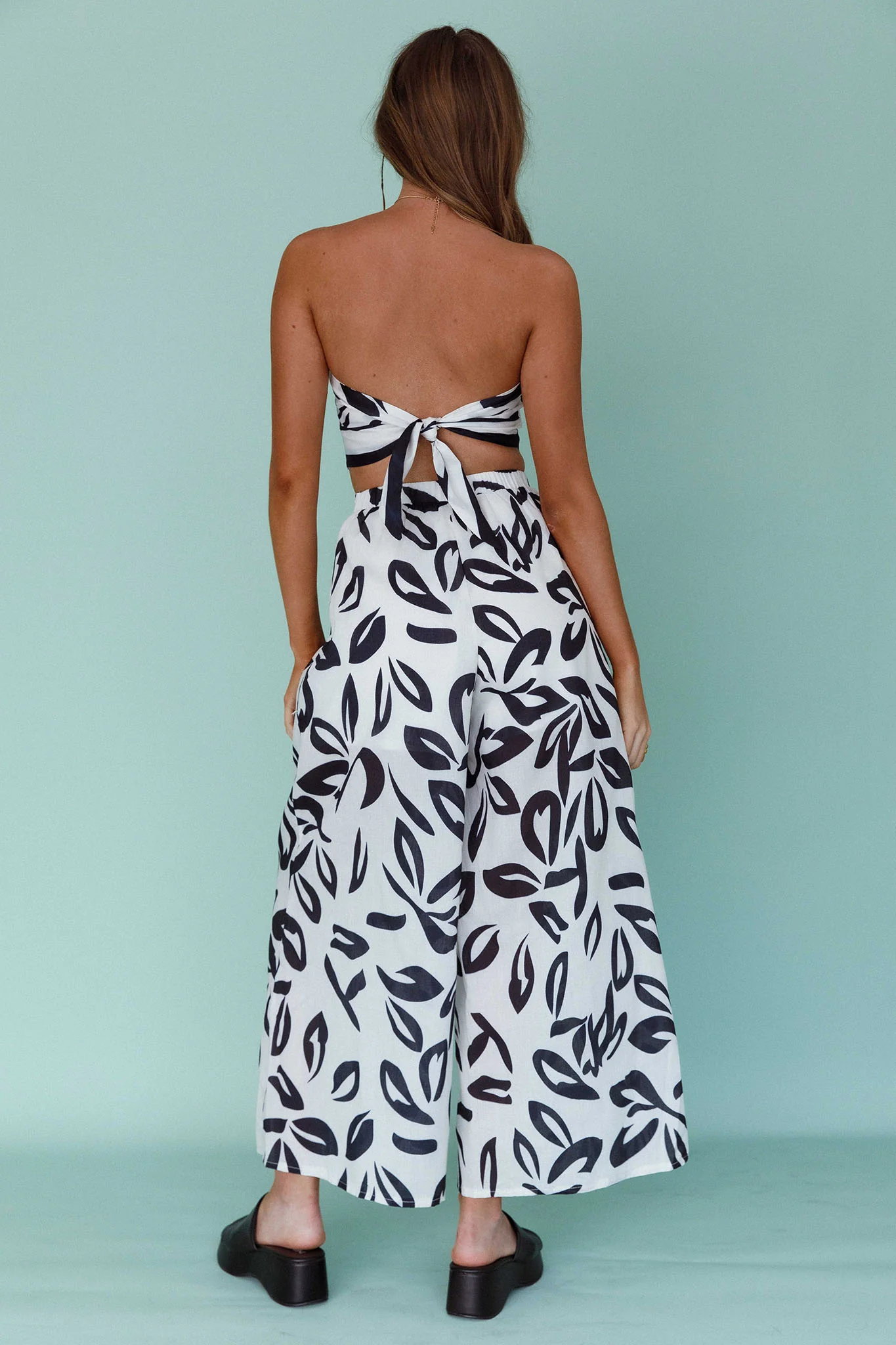 Randi Wide Leg Pants Leaf Print Black - Ruaus