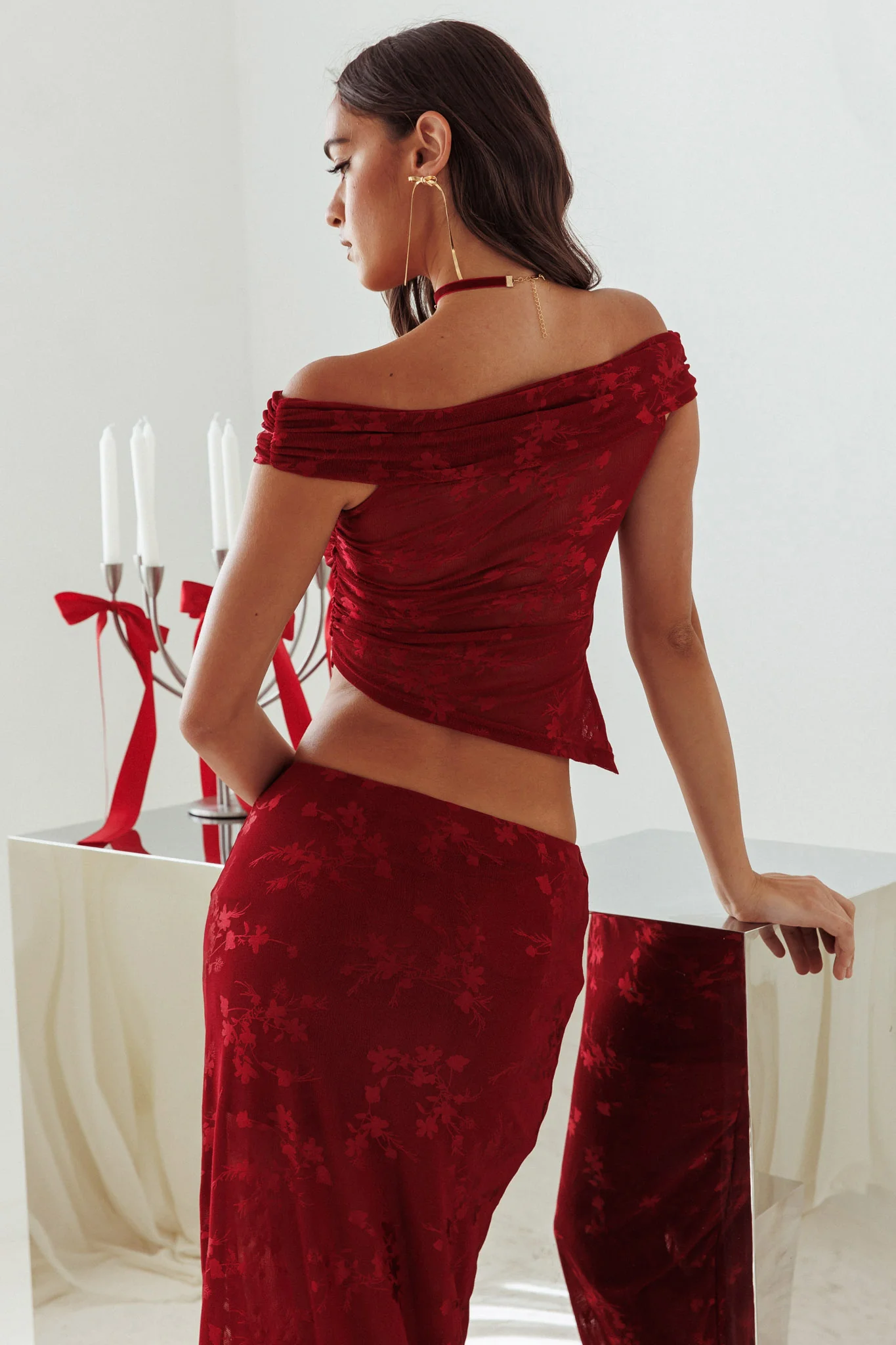 After Party Off-Shoulder Mesh Top Burgundy - Ruaus