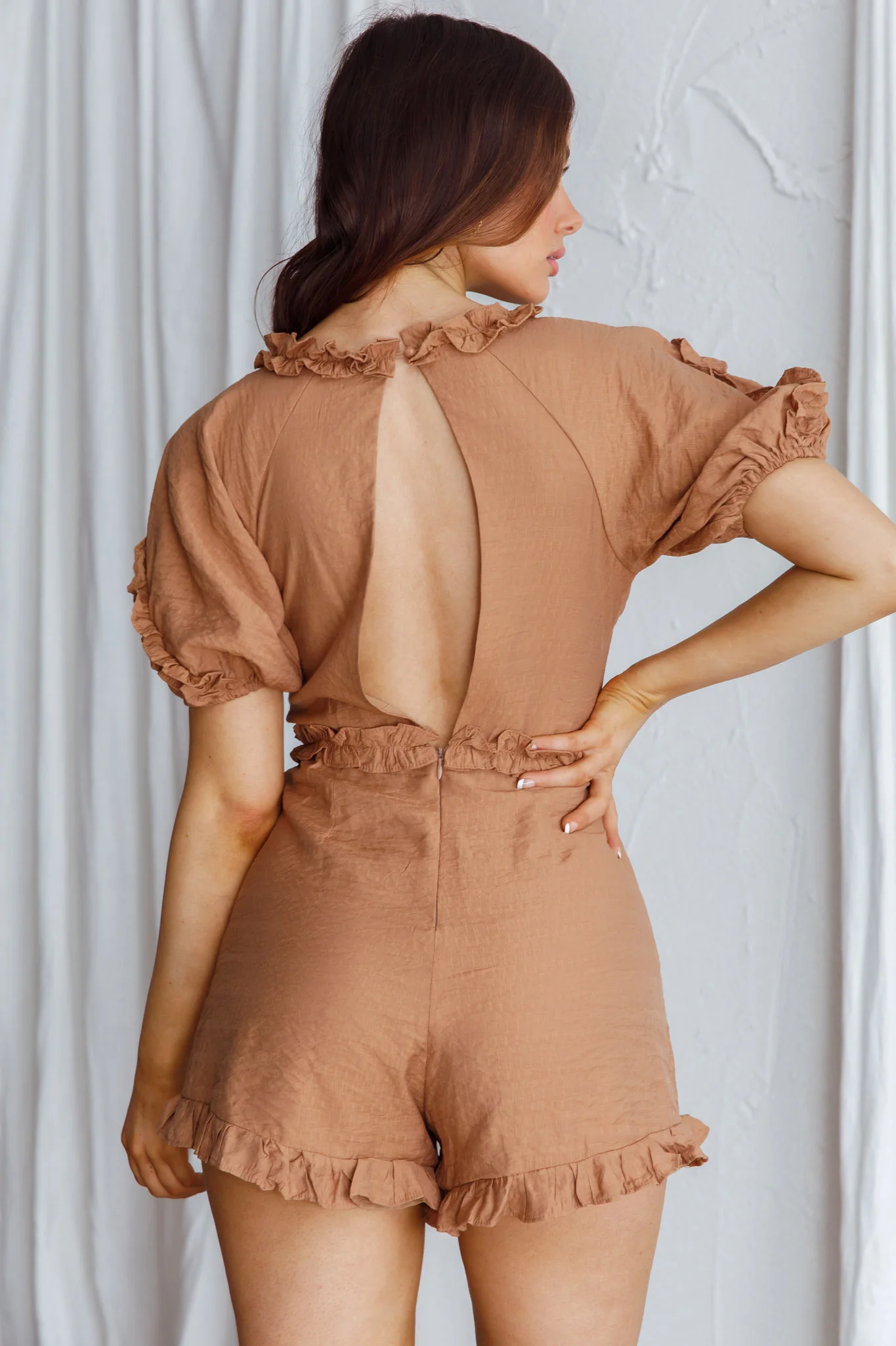 Galatia Frill Trim Puff Sleeve Romper Tan - Ruaus