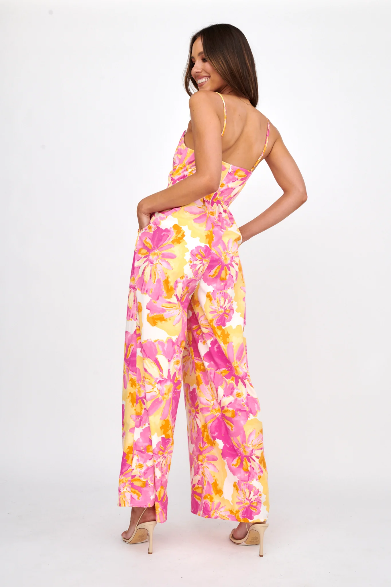 Tammi Cut-Out Waist Jumpsuit Floral Blush - Ruaus