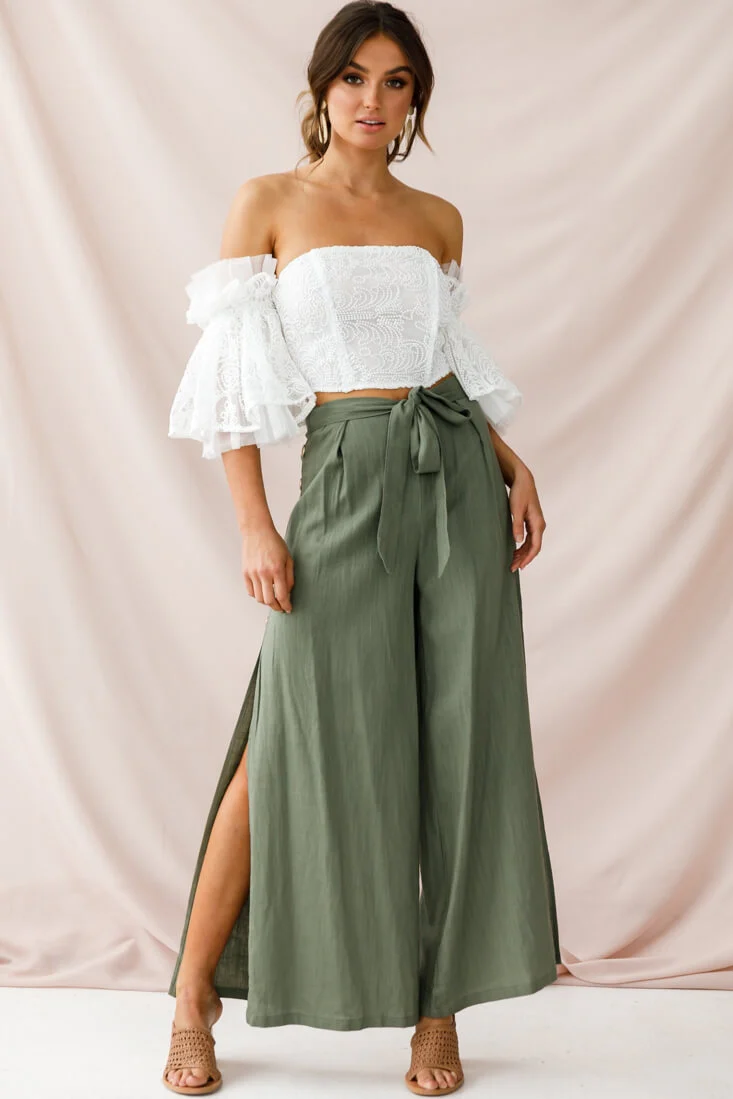 Aruba Wide Leg Side Split Pants Khaki - Ruaus