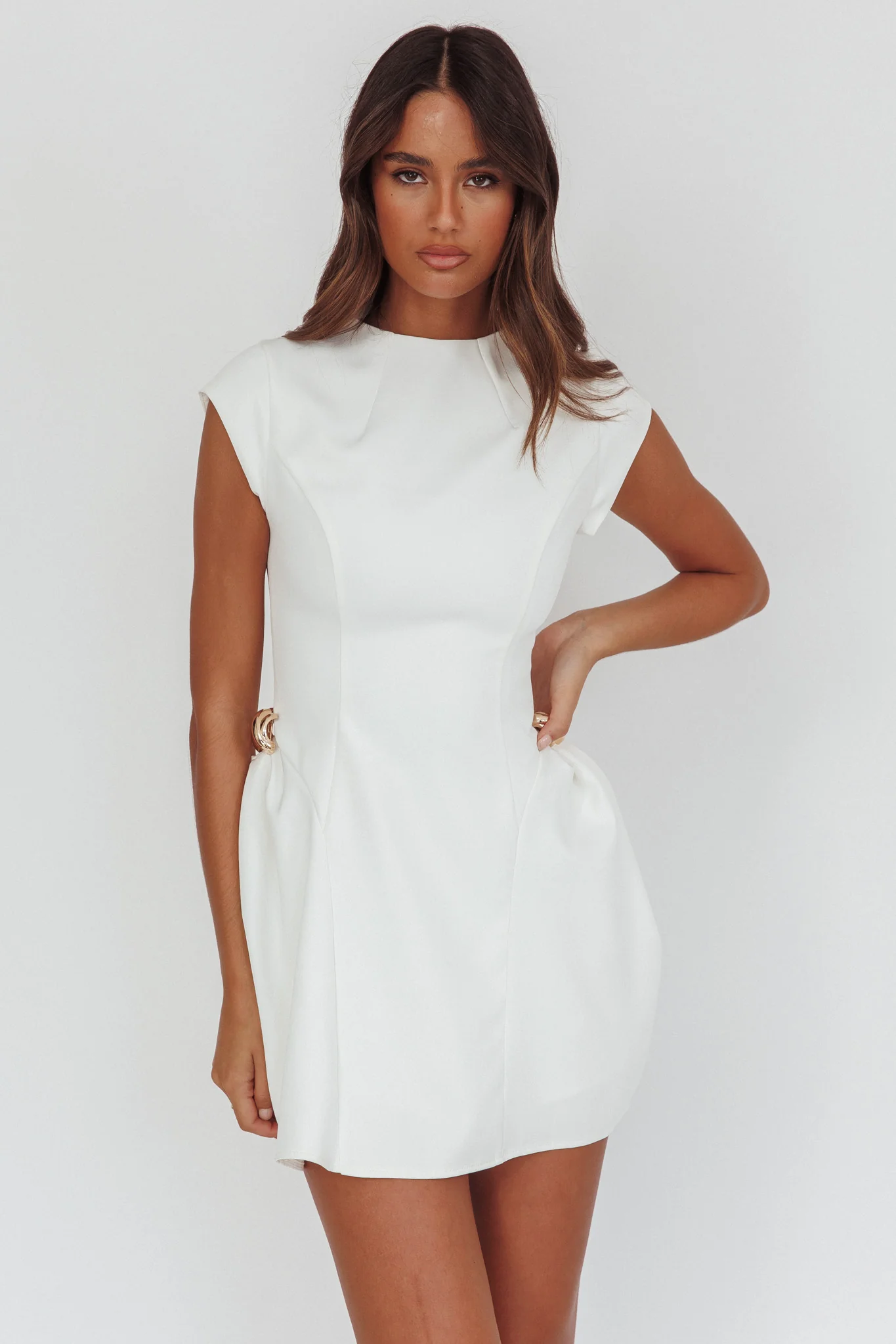 Girl Talks Cap Sleeve Puff Skirt Mini Dress Off White - Ruaus