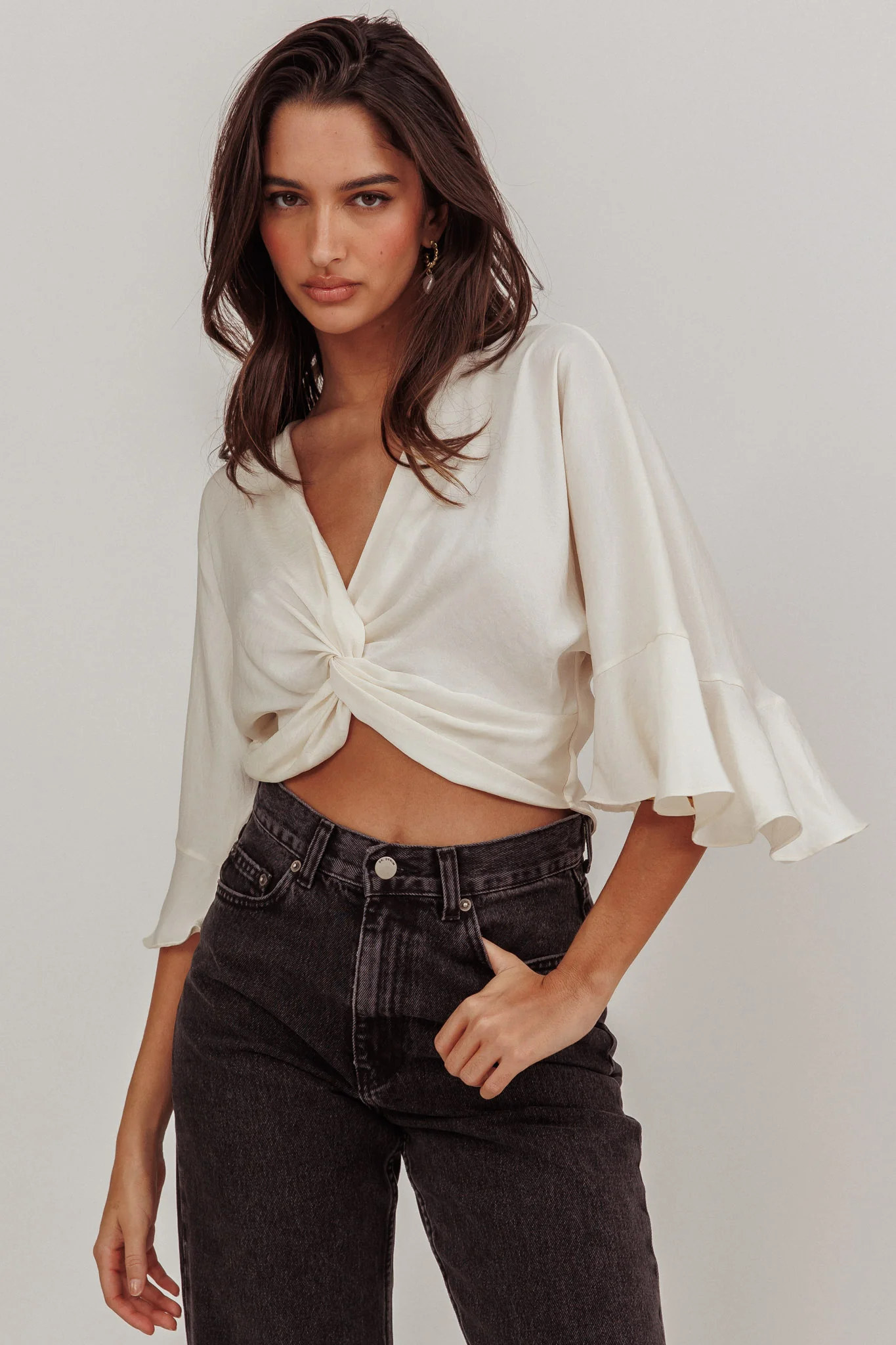 Rejoice Flounce Sleeve Knot Top Ivory - Ruaus
