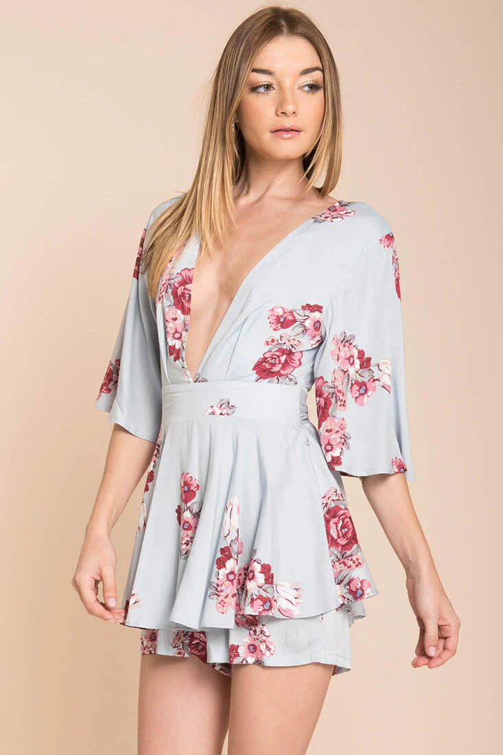 Rosalynn Bow Tie Floral Romper Blue - Ruaus