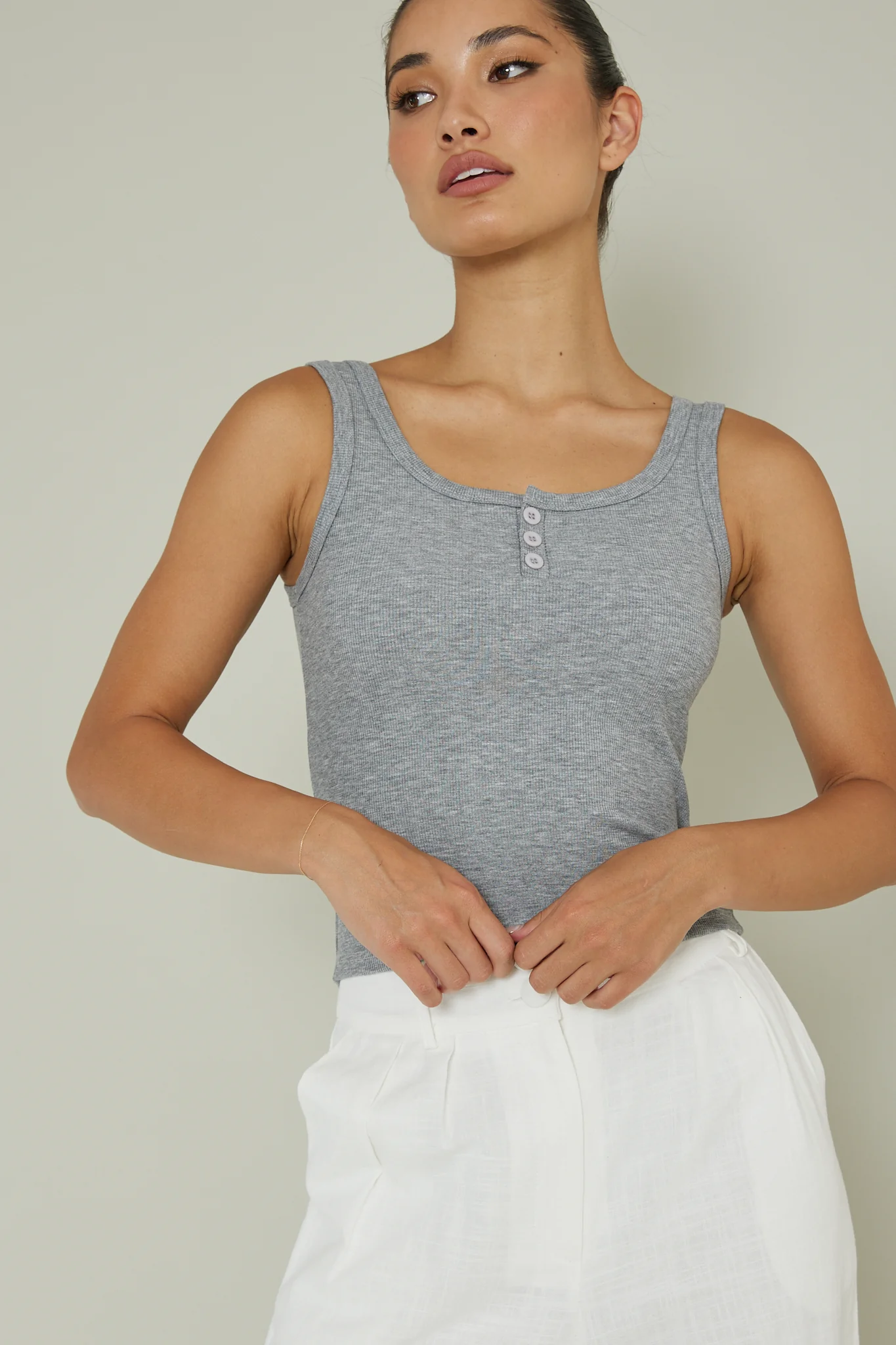 Recess Thick Strap Ribbed Top Grey - Ruaus