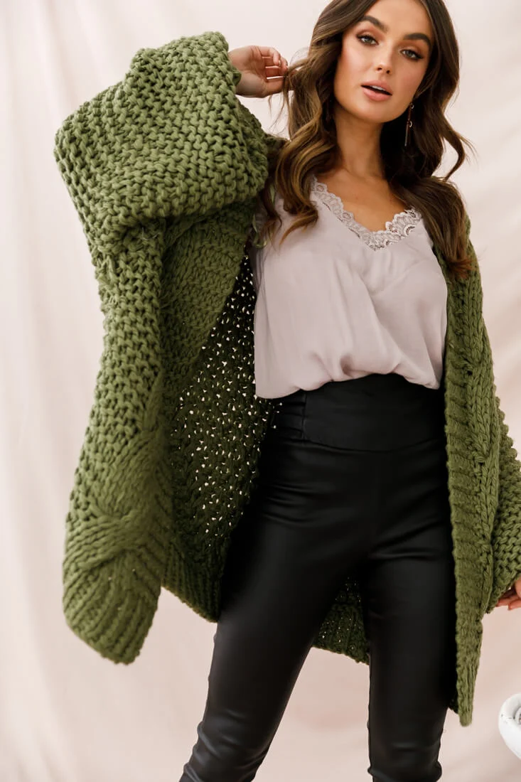 Vermont Oversized Garter Knit Cardigan Olive - Ruaus