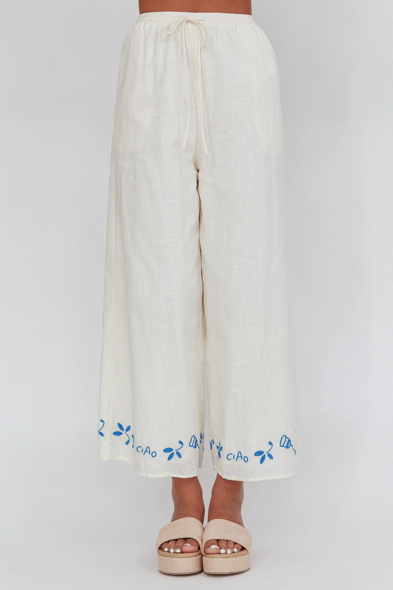 Sorrento Summer Embroidered Wide-Leg Pants Beige - Ruaus