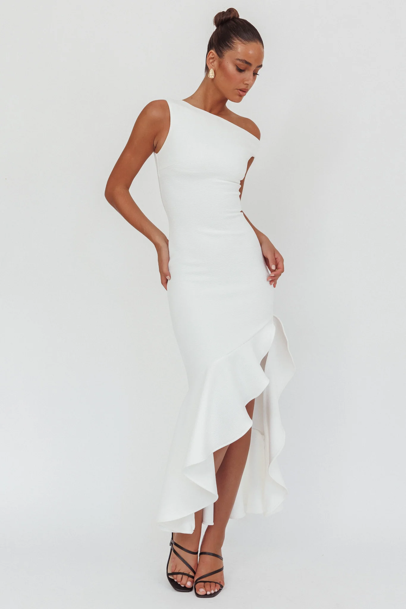 Lights On One-Shoulder Ruffle Hem Maxi Dress White - Ruaus
