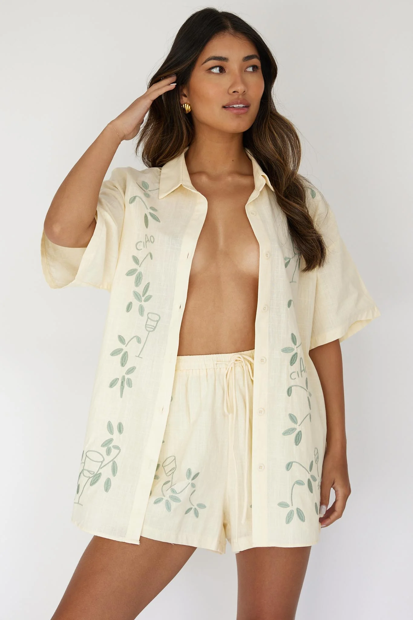 Ciao Ciao Embroidered Button-Up Shirt Butter - Ruaus