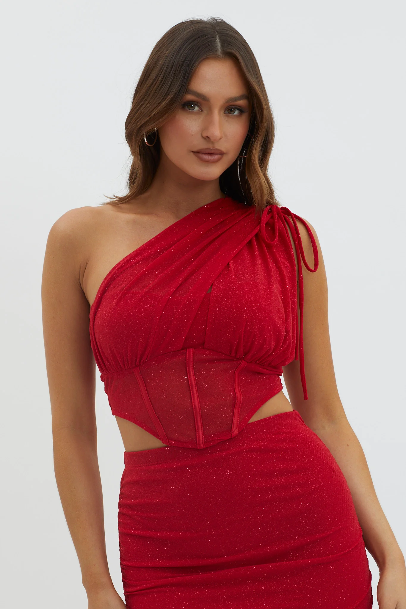 Maddisan One-Shoulder Glitter Mesh Top Red - Ruaus