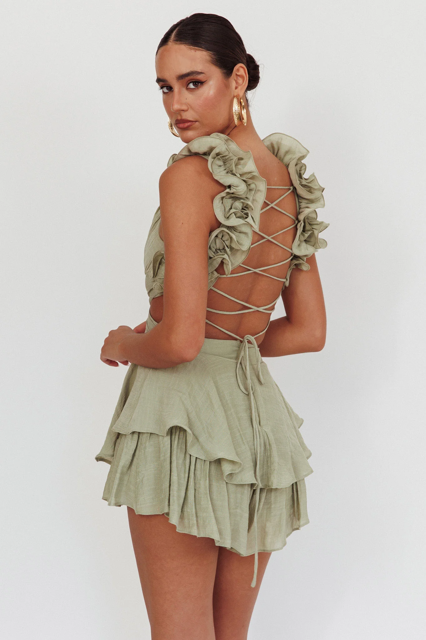 Madara Lace-Up Back Romper Sage - Ruaus