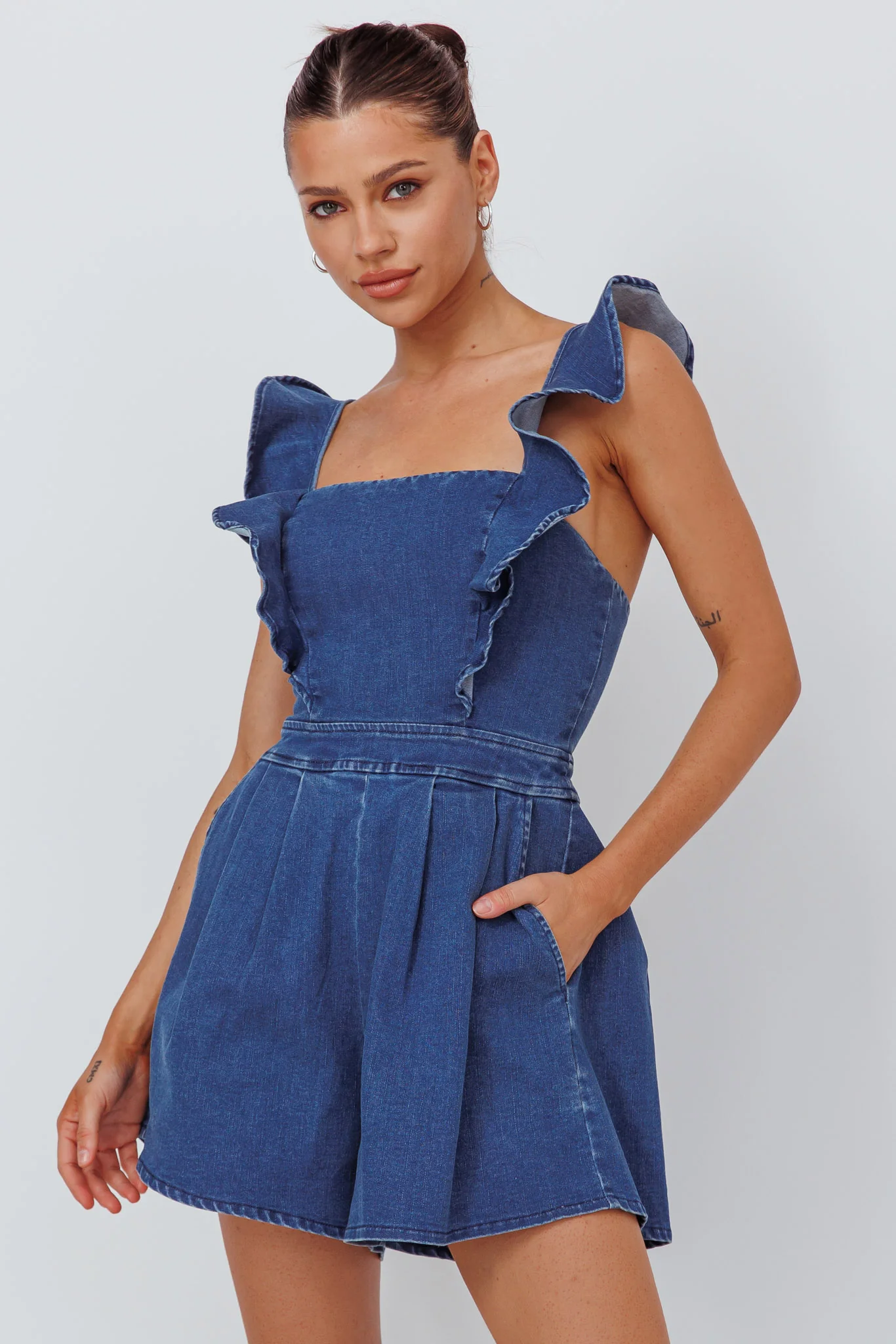 Nola Flared Ruffle Romper Light Denim - Ruaus
