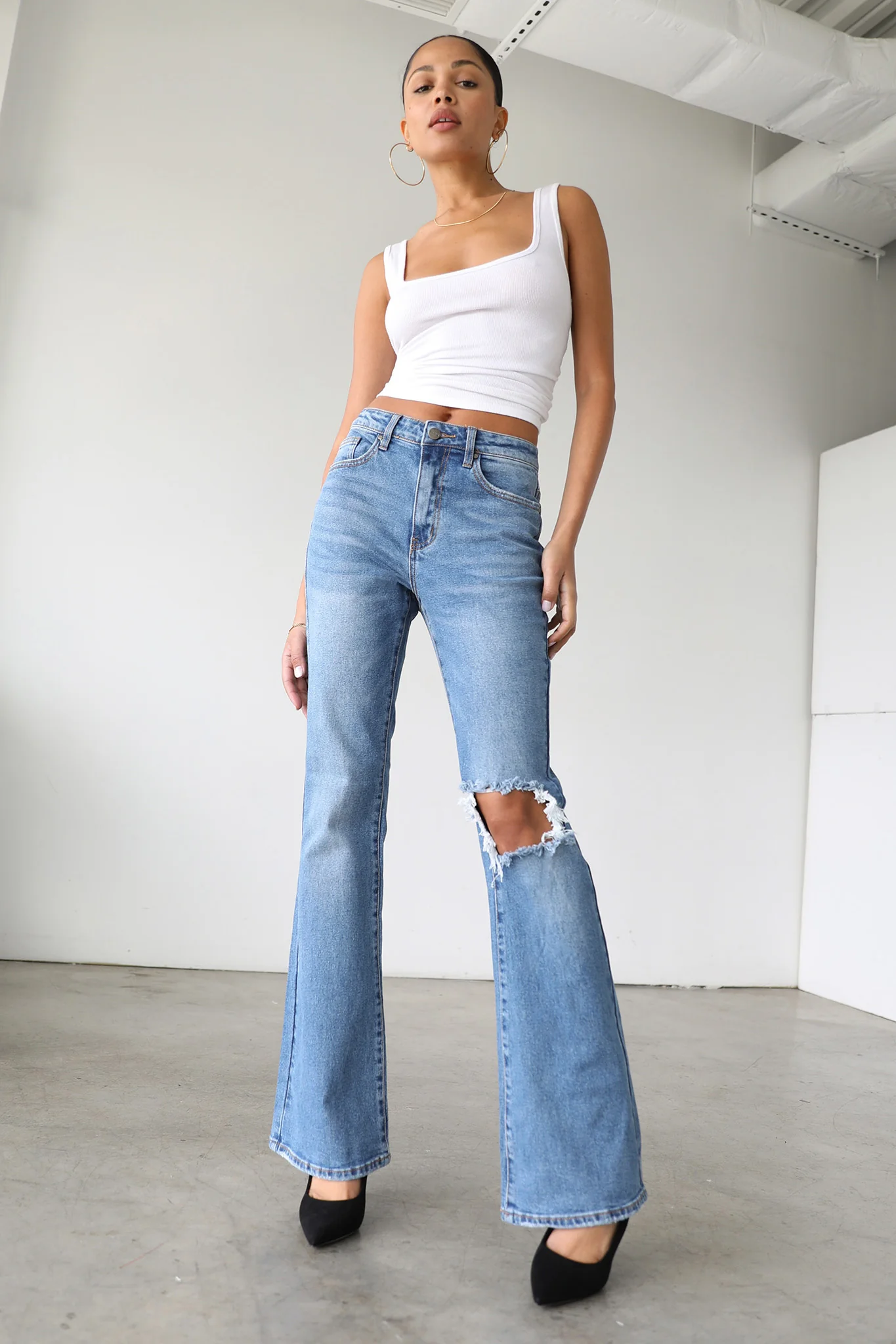 DOGMA High Rise Flare Leg Denim Jeans Medium Wash - Ruaus