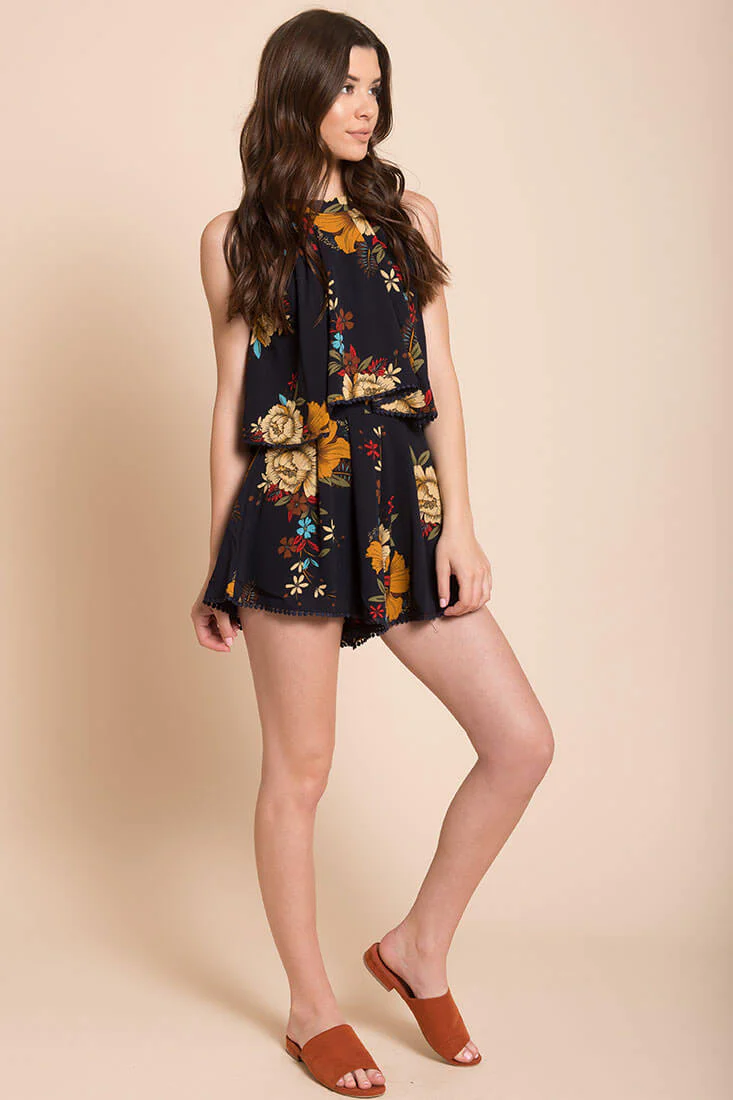 Alianna Floral Halter Romper Navy - Ruaus