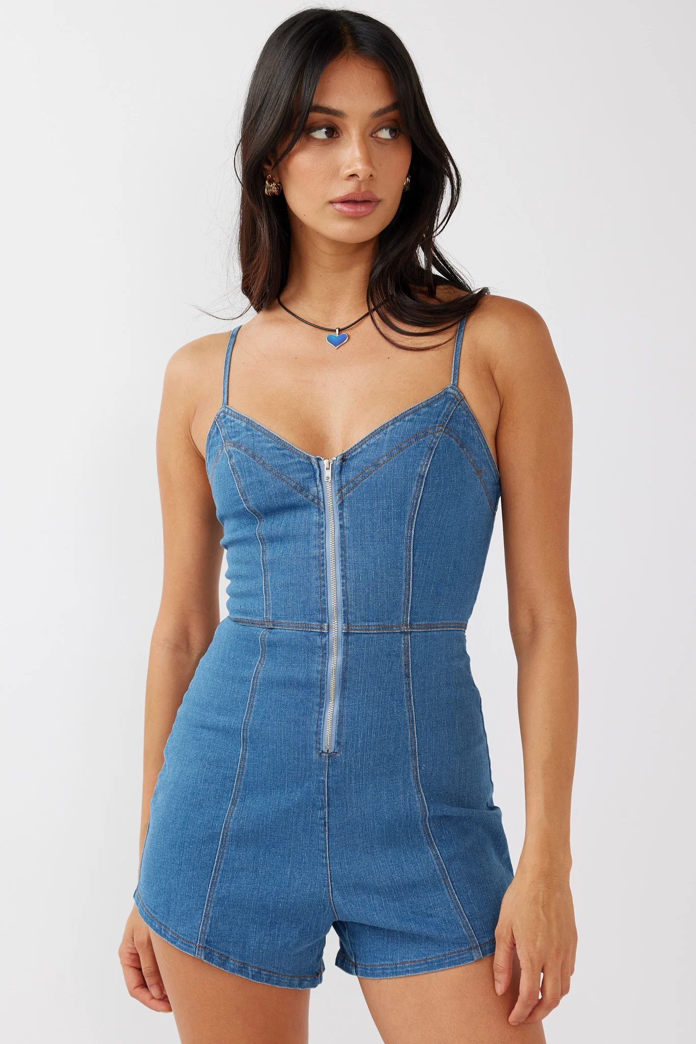 Lyric Cami Strap Zipper Front Romper Dark Blue - Ruaus