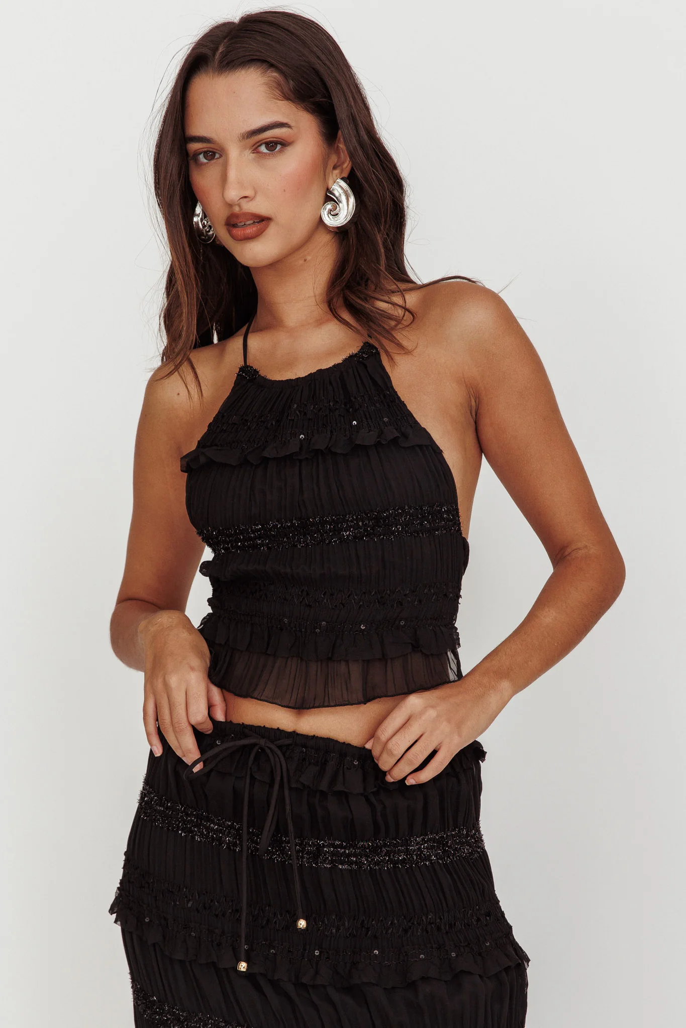 Helios Halterneck Shirred Sequin Top Black - Ruaus