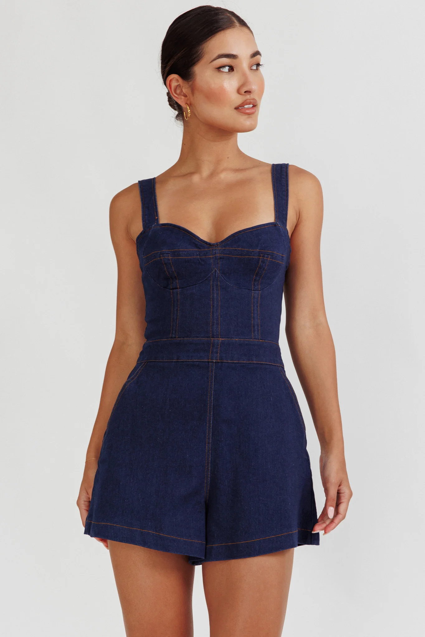 Tease Me Sweetheart Neckline Denim Romper Indigo - Ruaus