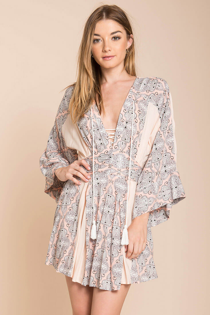 Brielle Bell Sleeve Summer Dress Peach Print - Ruaus