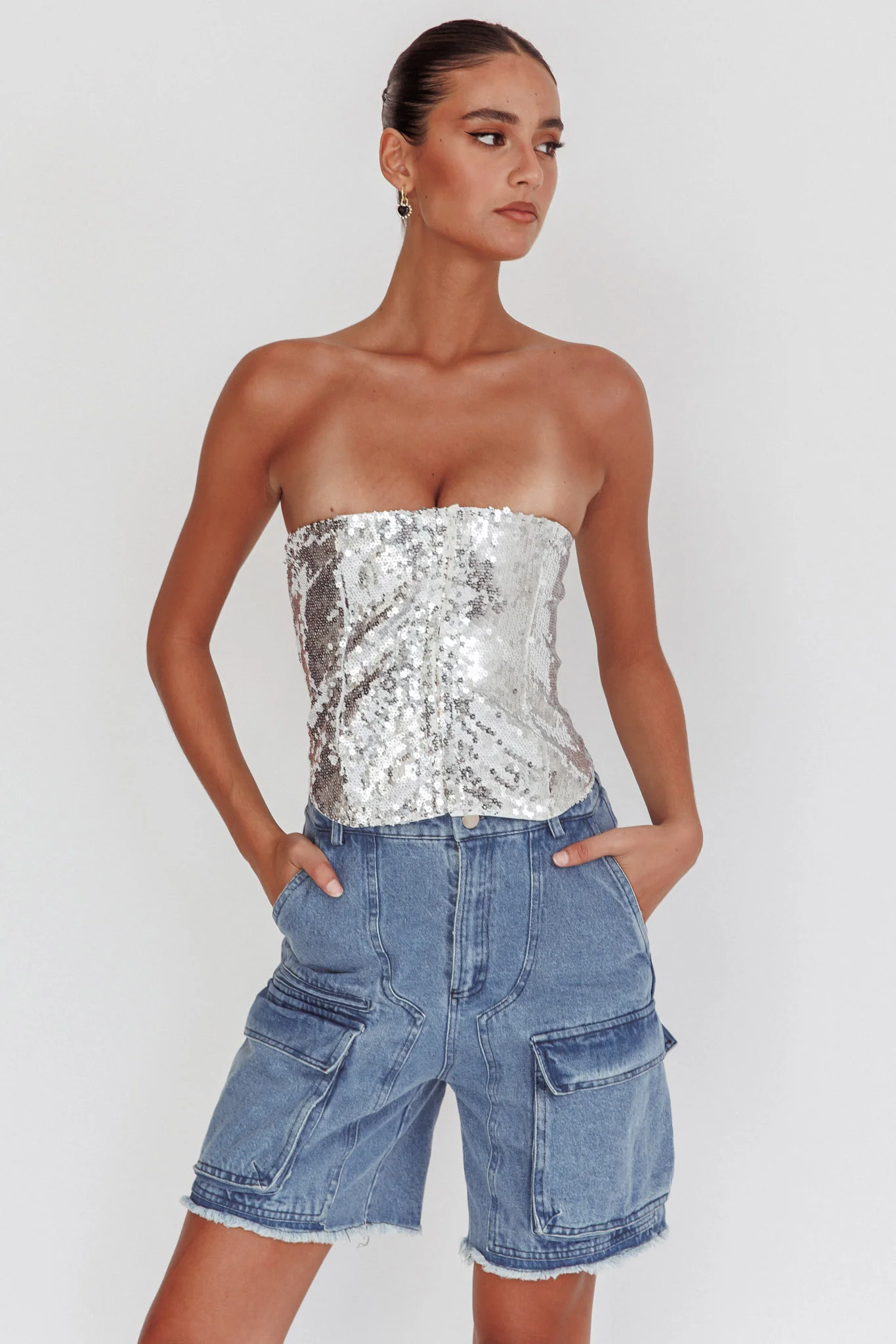 Belgium Strapless Lace-Up Back Top Sequin Silver - Ruaus