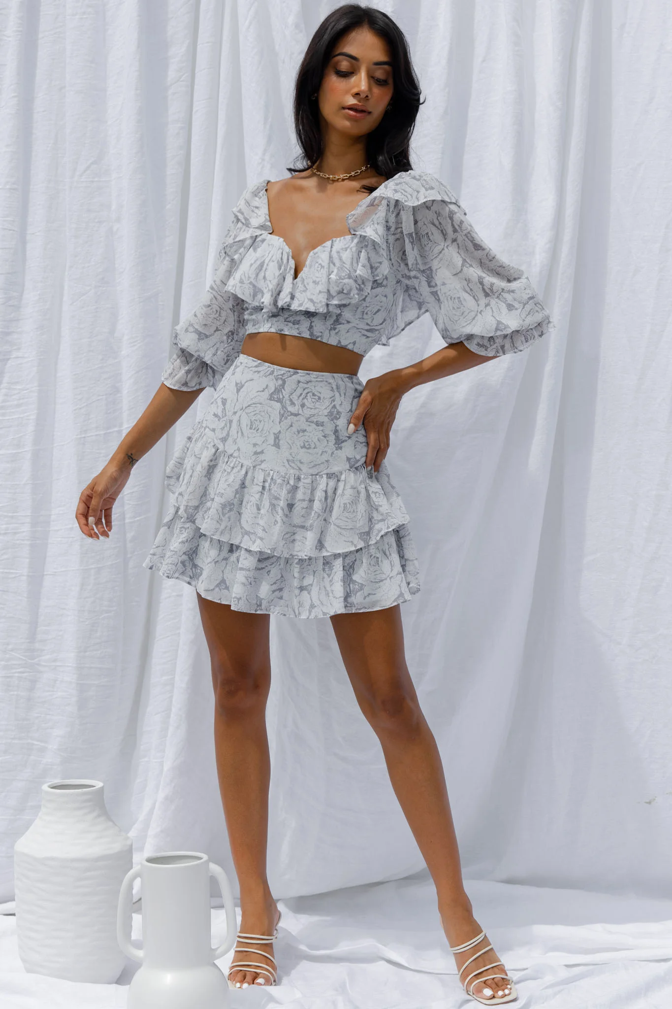 Kiss And Tell Double Layered Flounce Hem Skirt Rose Print Ink - Ruaus