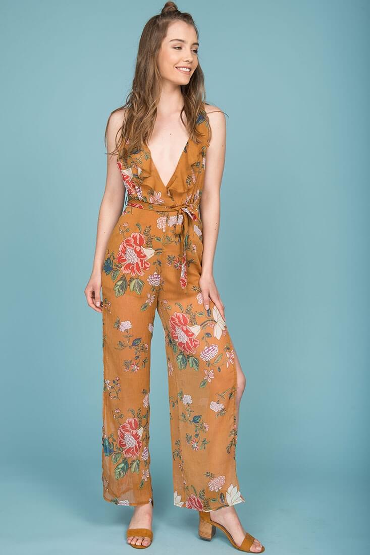 Danica Dressy Floral Jumpsuit Mustard - Ruaus