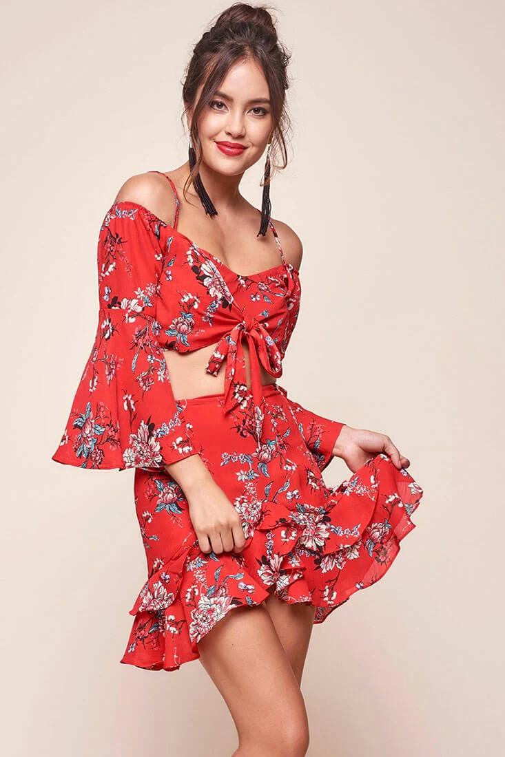 Bellisario Floral Ruffle Caribbean Skirt Red - Ruaus