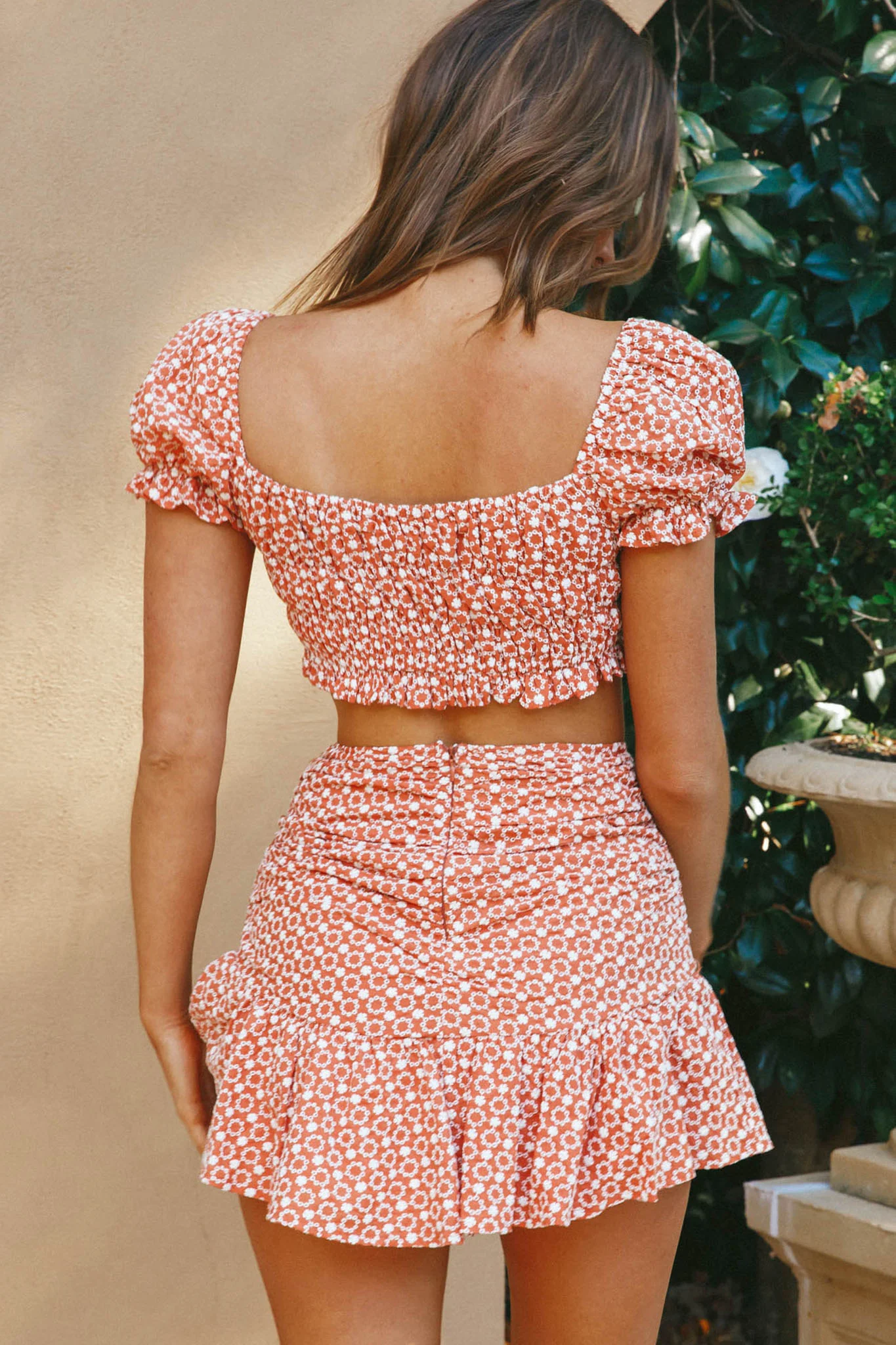 Paradis Ruched Eyelet Embroidery Mini Skirt Terracotta - Ruaus