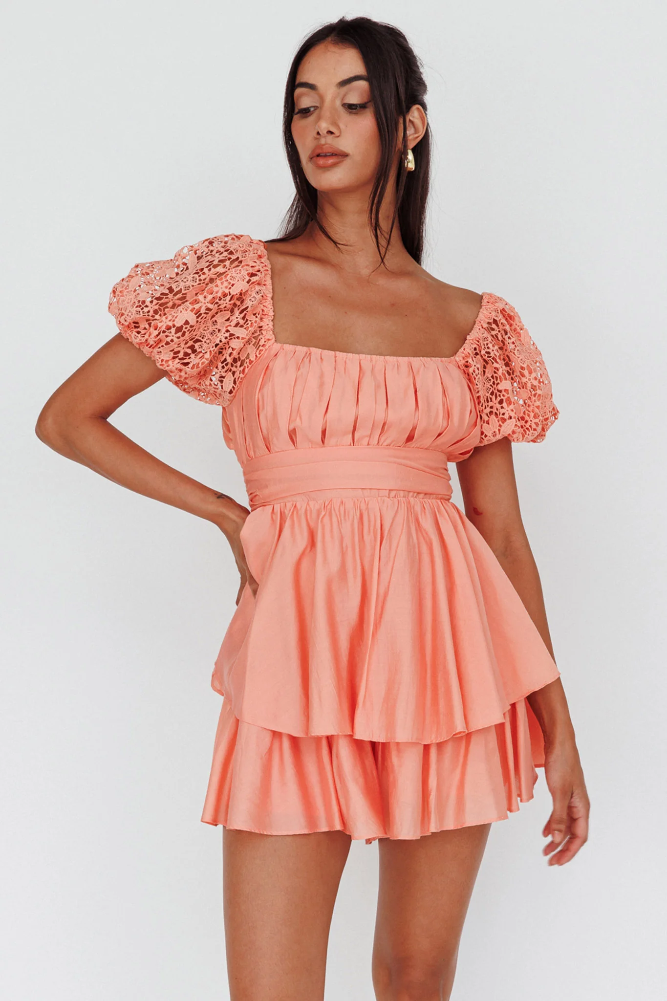 Hold My Halo Lace Sleeve Romper Apricot - Ruaus